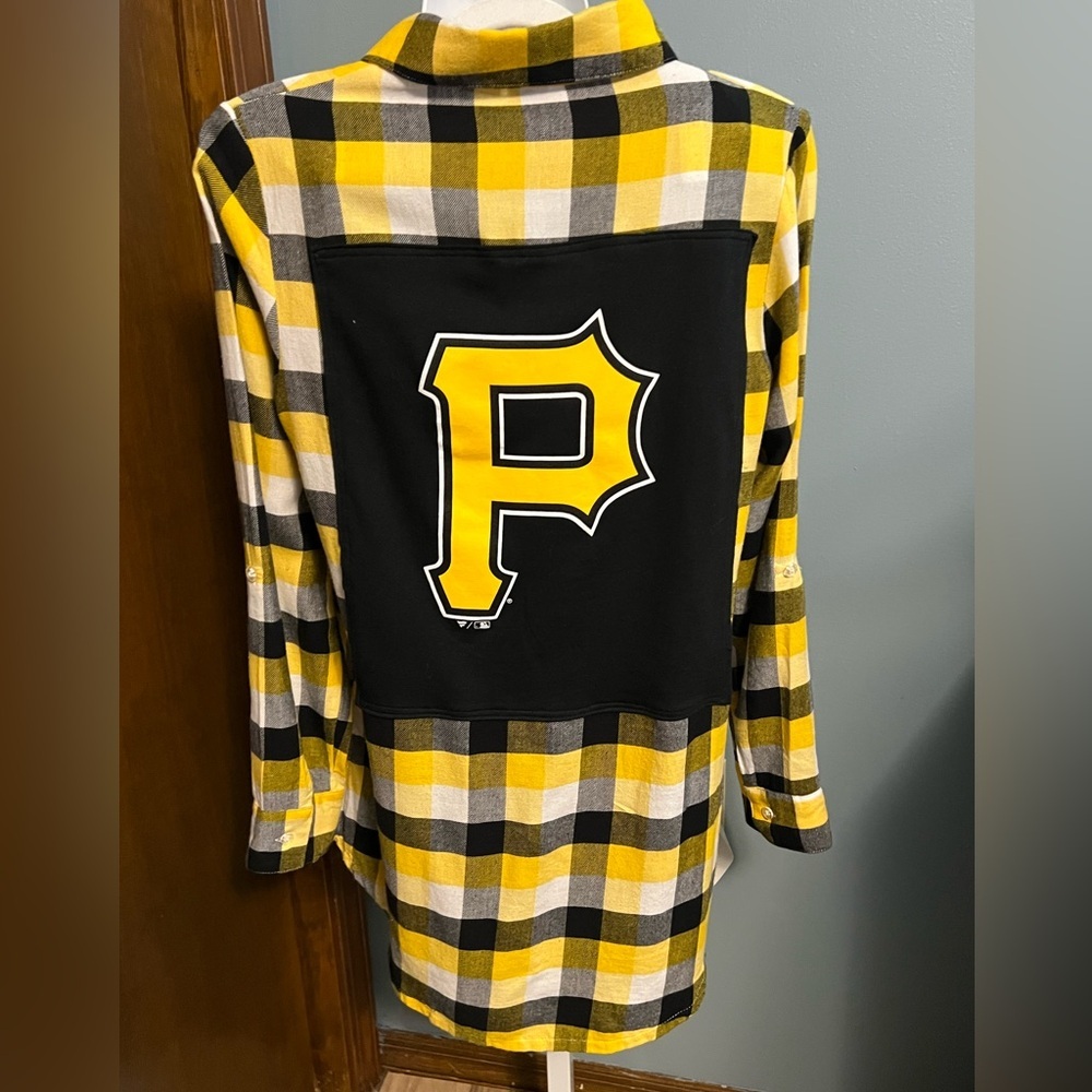 Hand Crafted Yellow Black White Plaid Button-Down Shirt with 'P' Patch